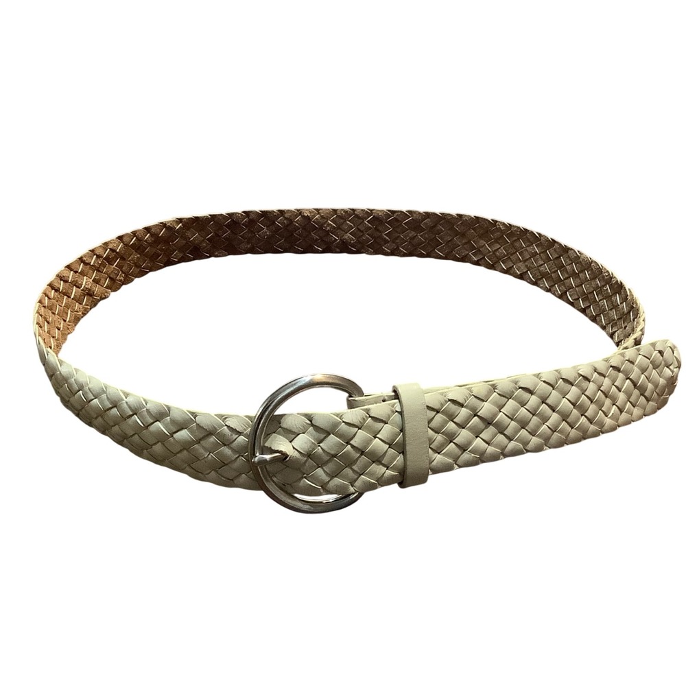Talbots Womens Cream Braided Genuine Leather Belt Silver Buckle Size L 45 Inch